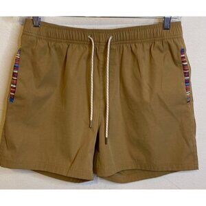 Wowie Shorts Mens Large Khaki Beige Drawstring Elastic Waist Aztec Trim Pockets